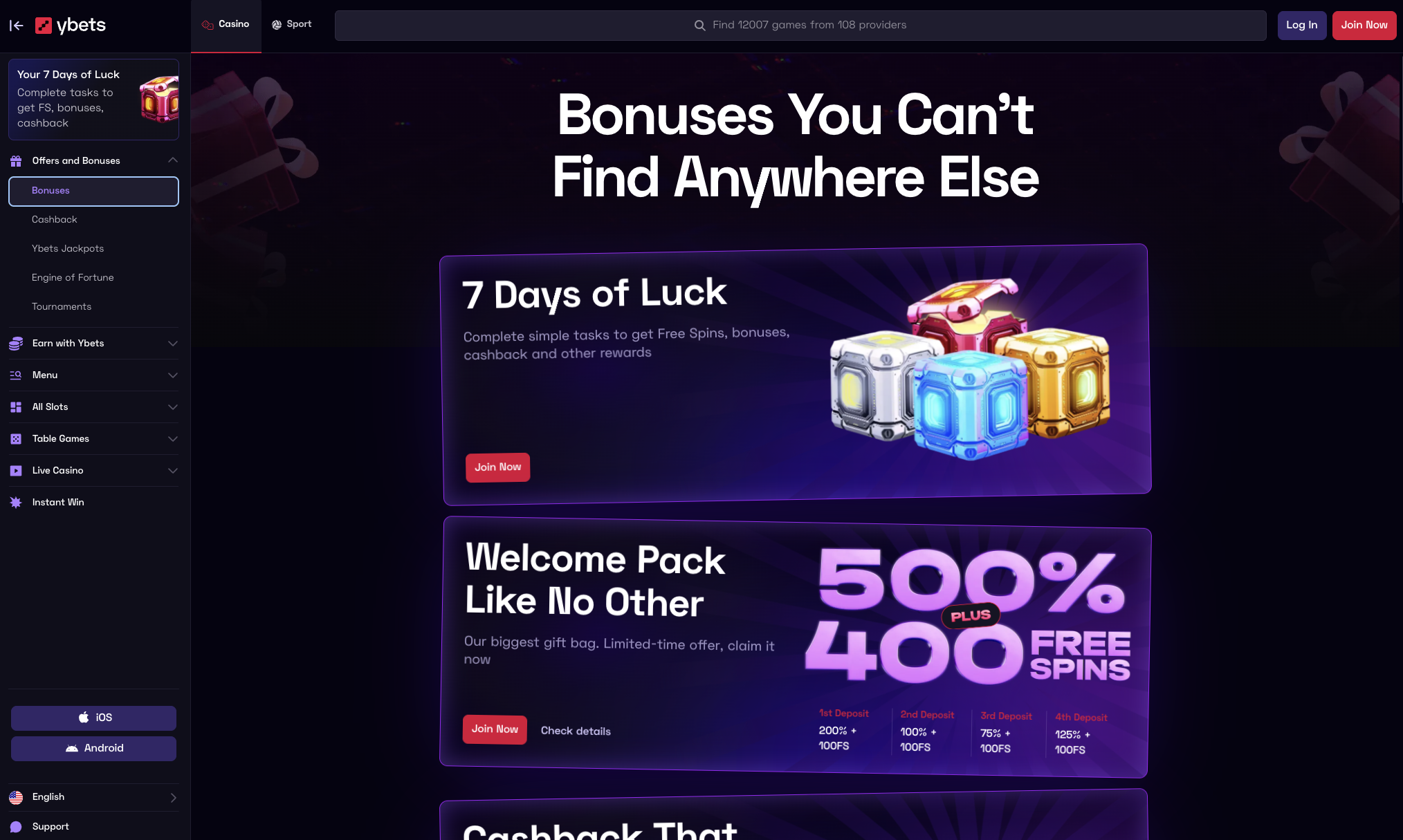 Bonuses page showing the welcome pack, cashback and jackpot offers