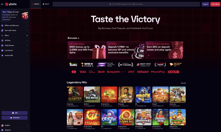 Ybets Casino home page with the 500 percent welcome bonus banner