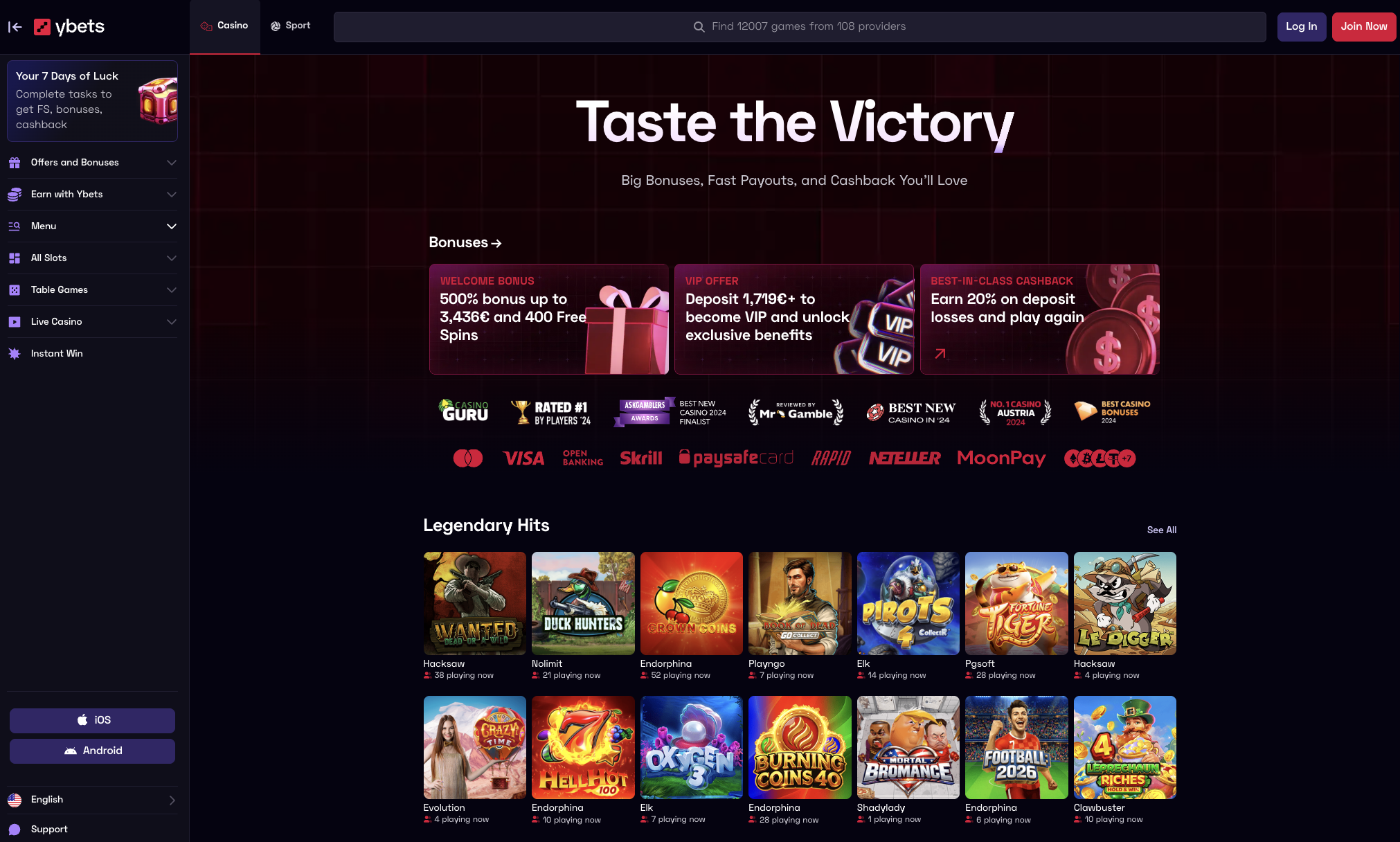 Ybets Casino home page with the 500 percent welcome bonus banner