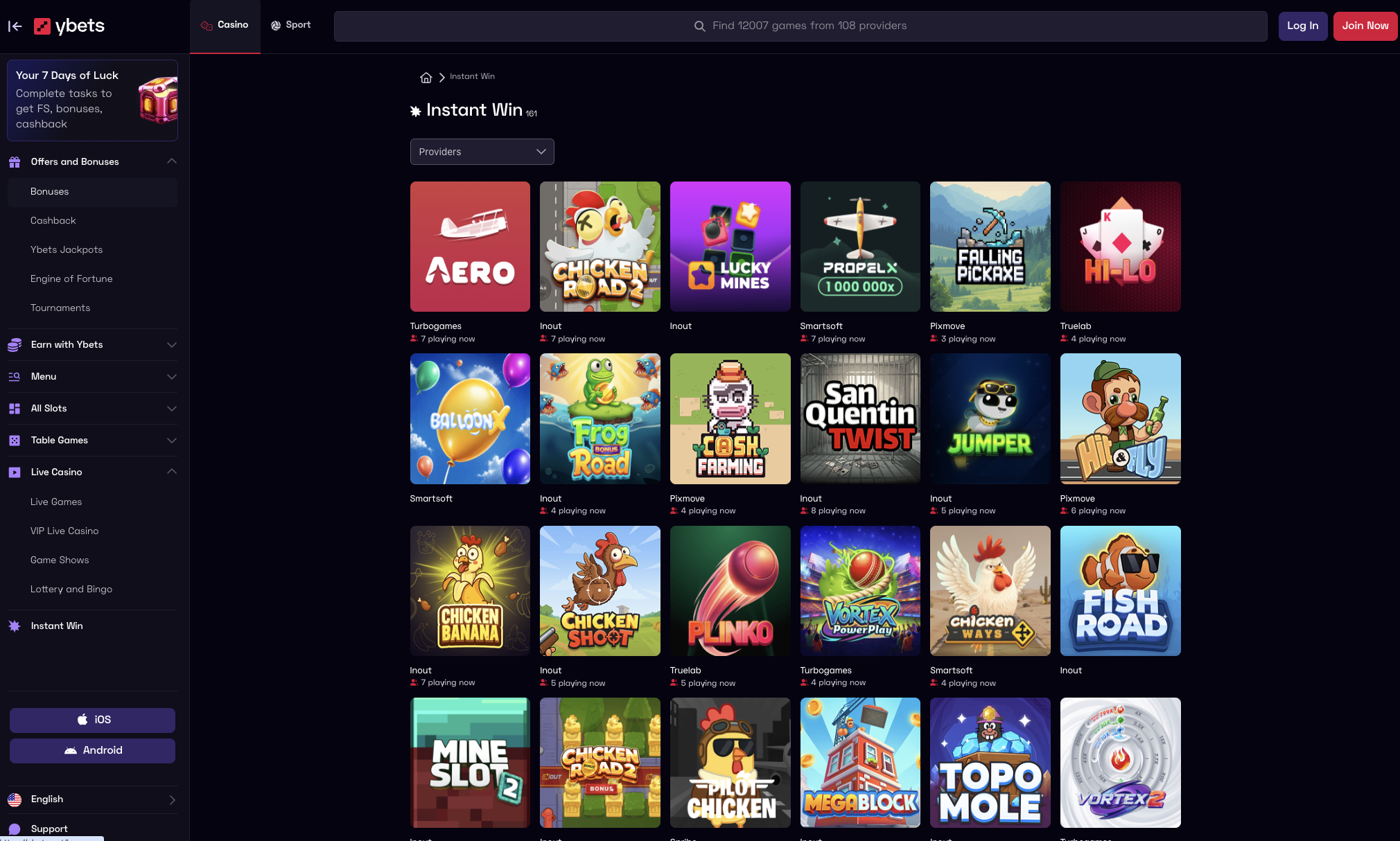 Instant win section with crash games and quick round titles