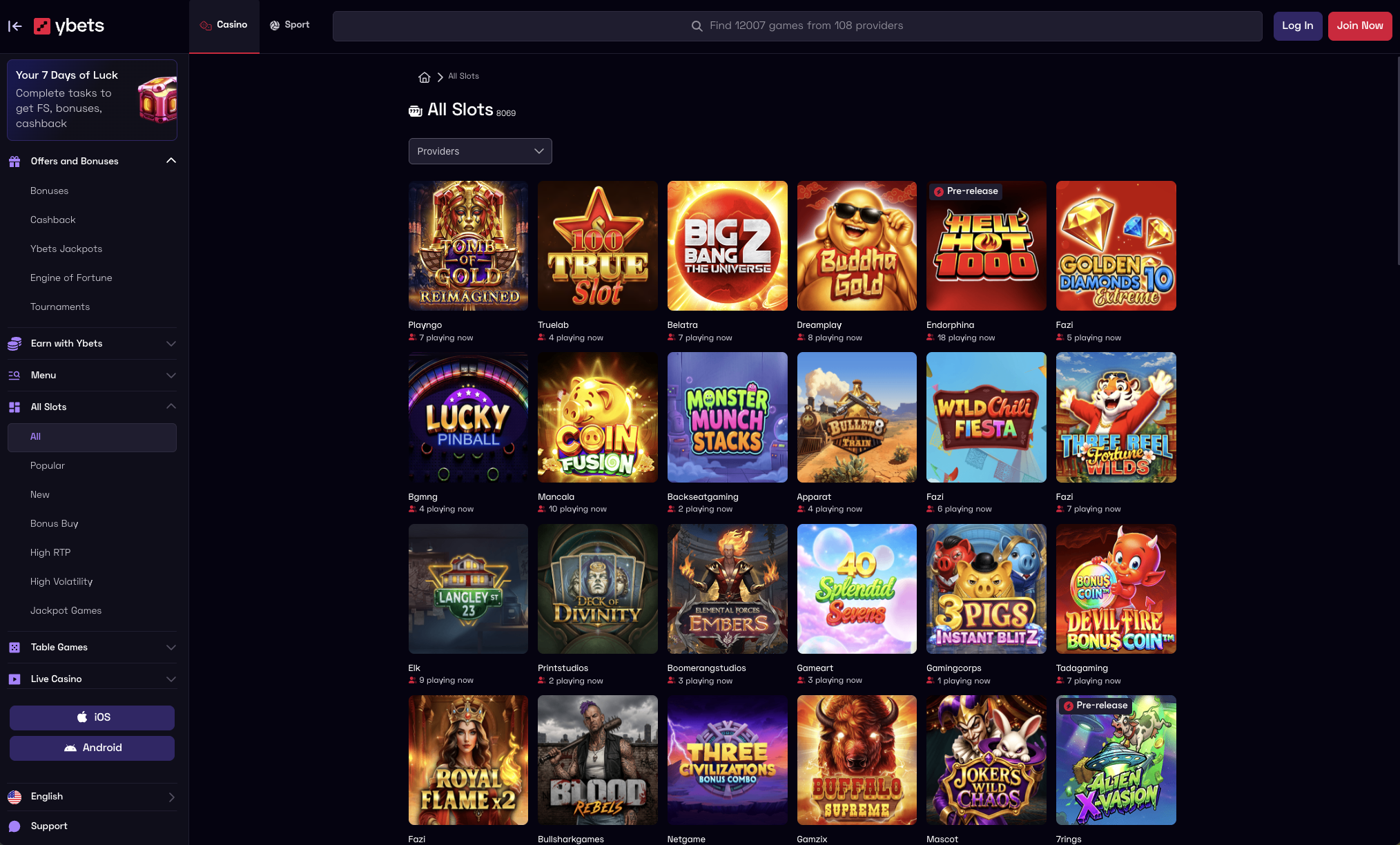 Ybets Casino slots lobby with more than 12,000 games and the provider filter