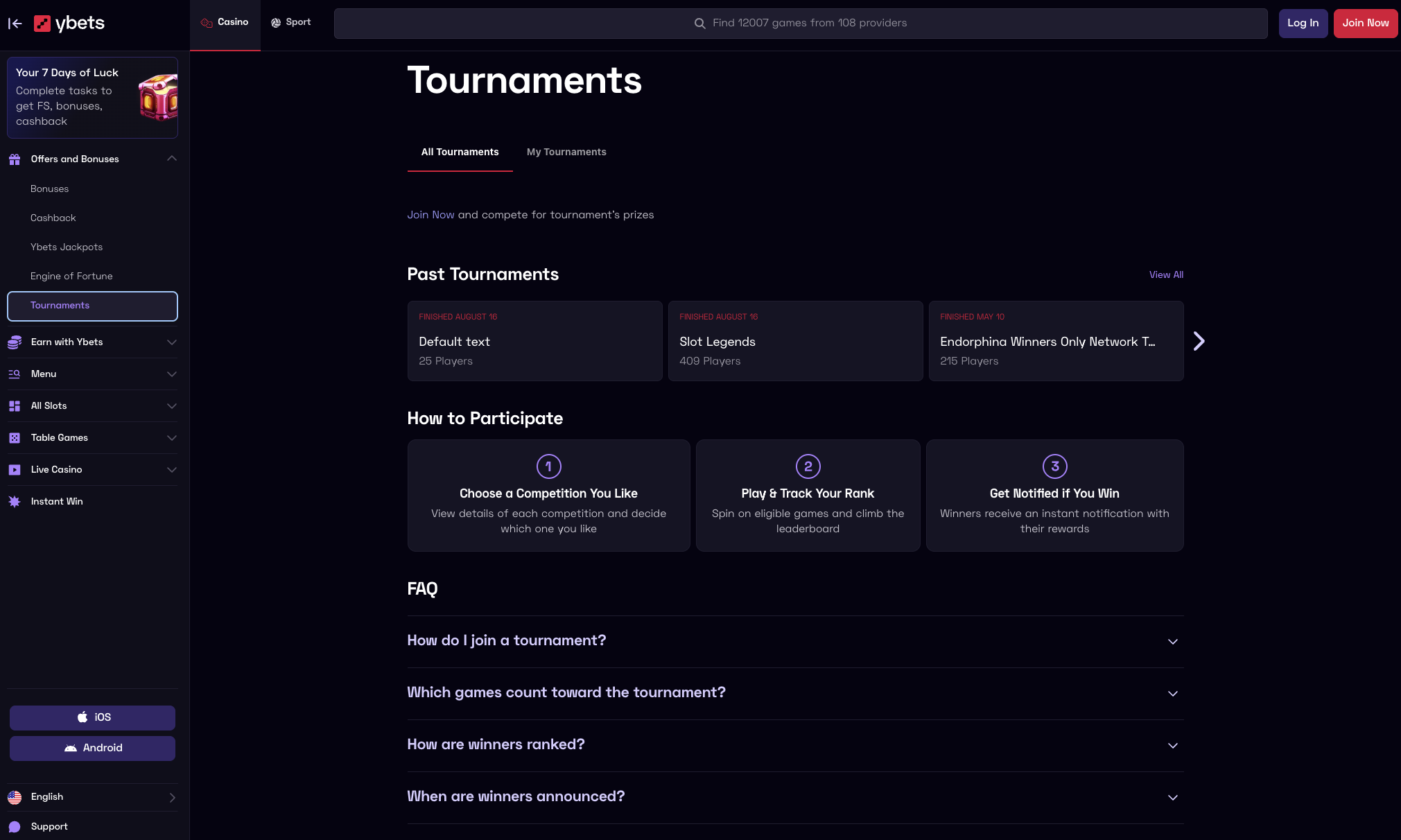 Tournament leaderboard with prize pools and active races