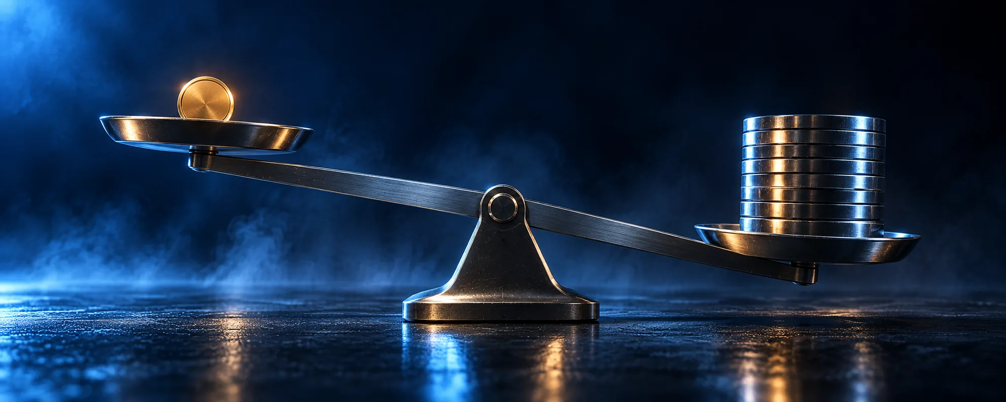 Steel balance beam tipped down under a stack of blank discs, one small gold token on the raised pan