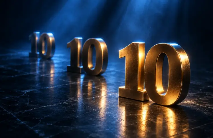 Three sculpted metal number tens receding into blue haze, the nearest one polished gold