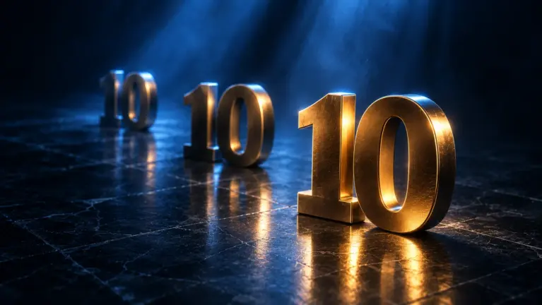 Three sculpted metal number tens receding into blue haze, the nearest one polished gold