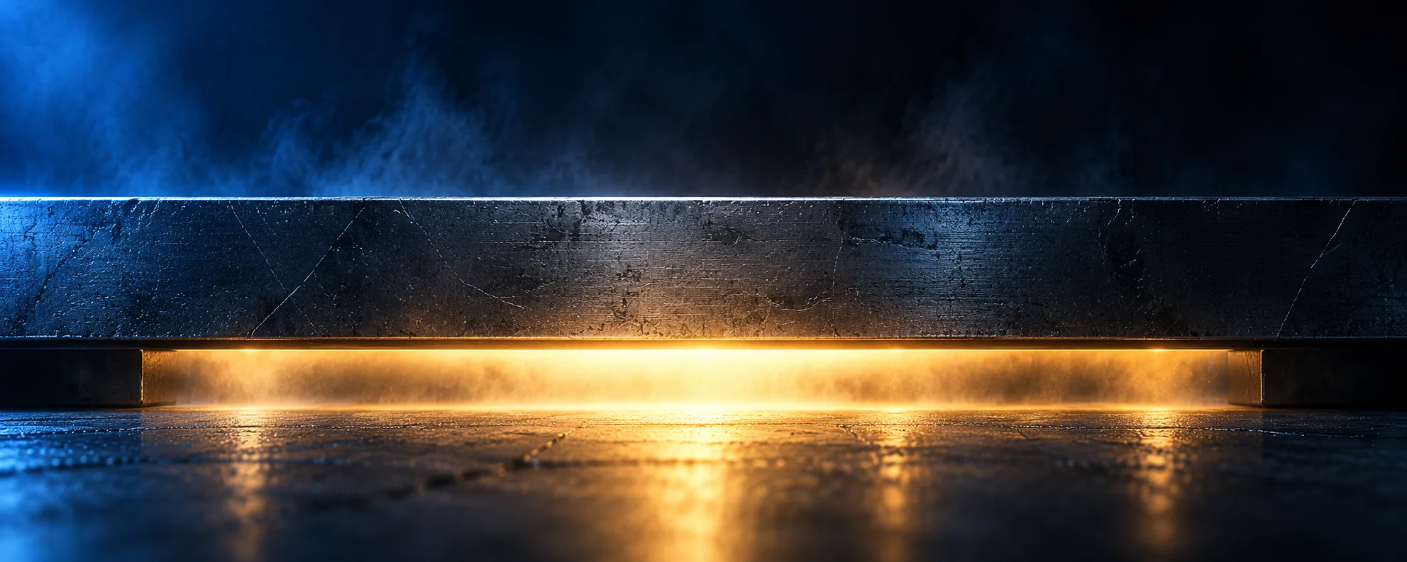 Thick steel plate letting only a narrow band of gold light through from beneath
