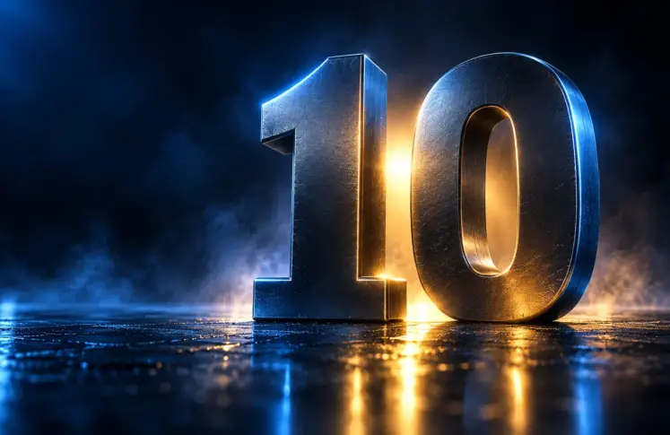 Sculpted metal numerals one and zero standing on a wet floor with gold light between them