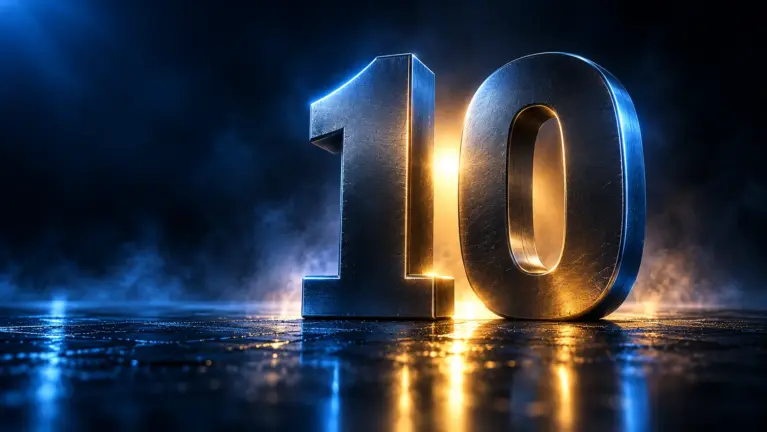 Sculpted metal numerals one and zero standing on a wet floor with gold light between them