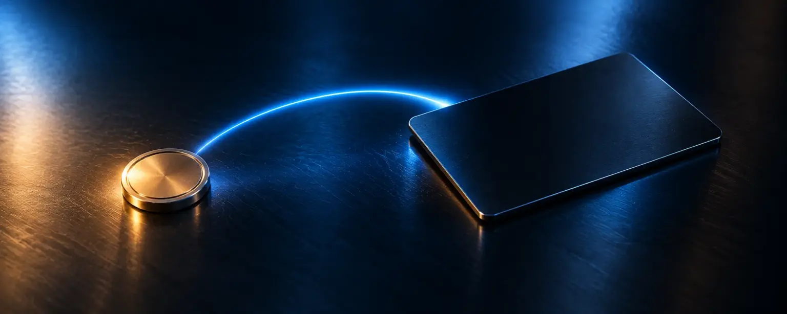 Small gold token on the left linked by a glowing blue arc to a larger black keycard
