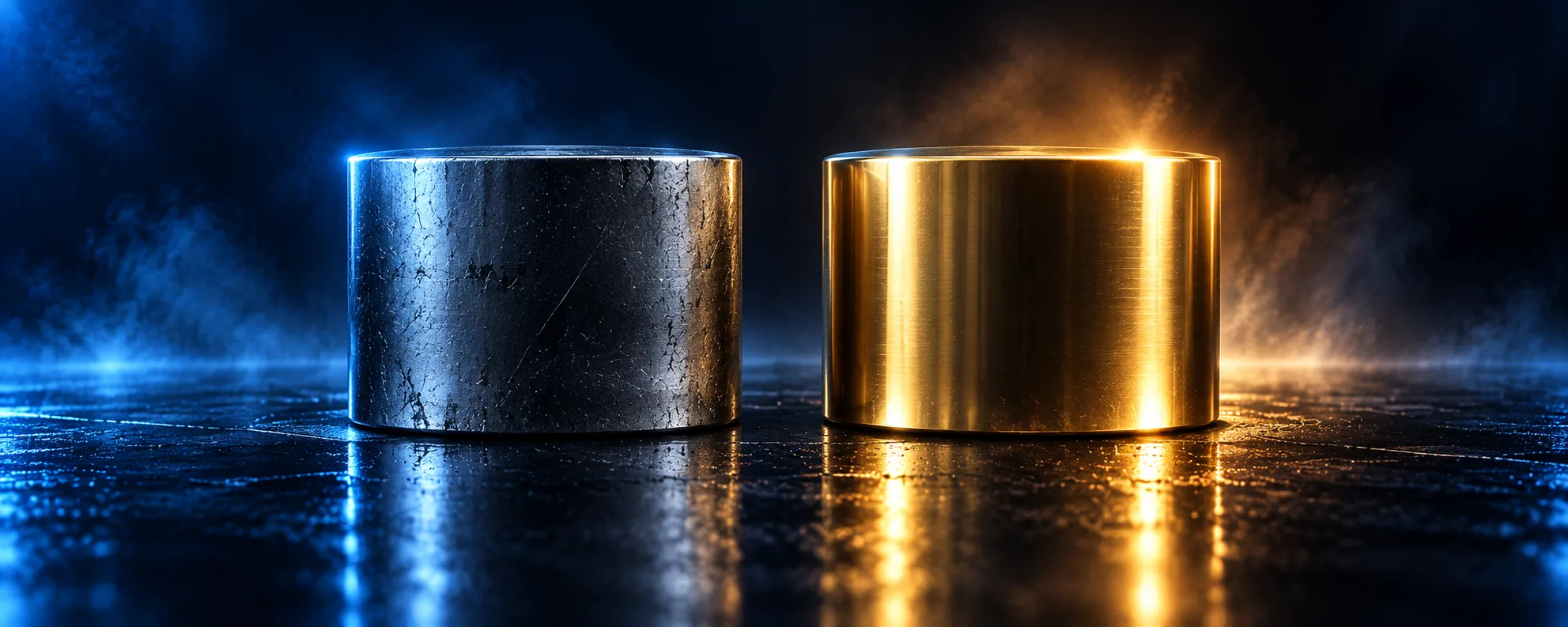Two identical cylinders side by side, one dull scratched steel, the other polished gold