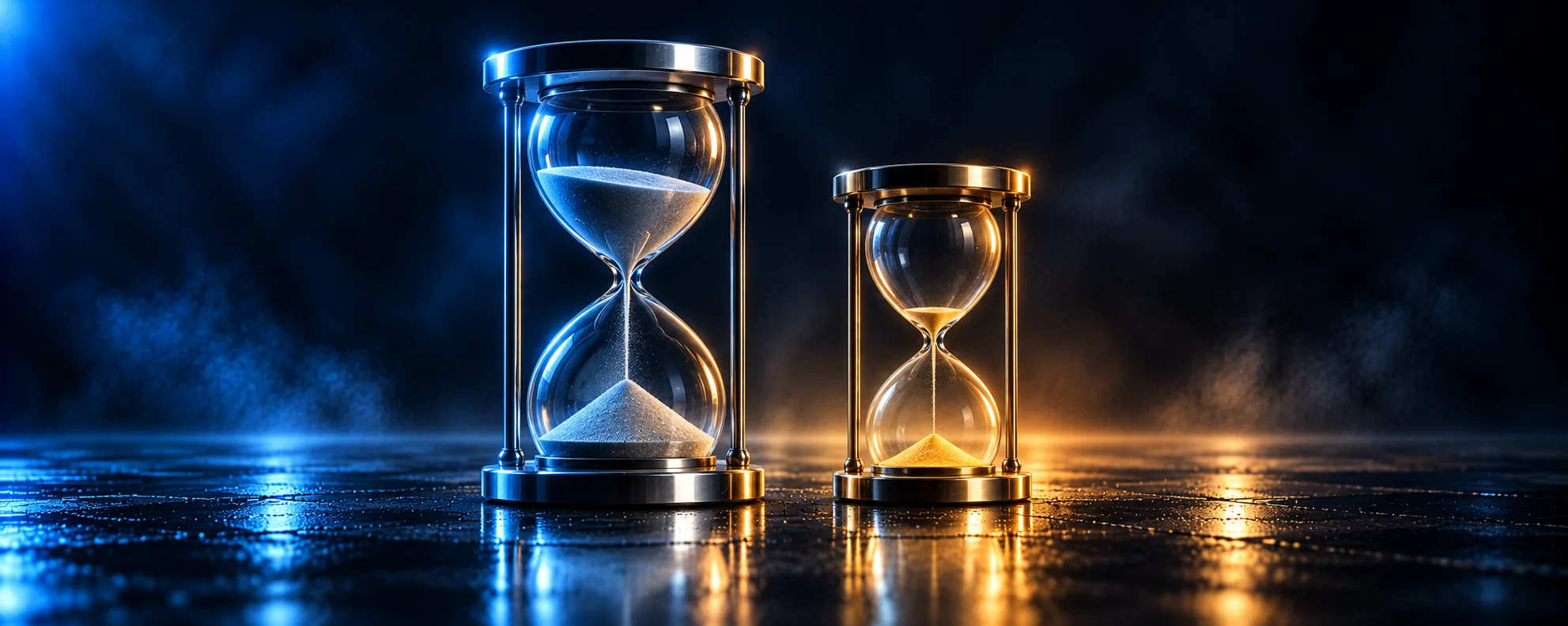A tall blue hourglass still running beside a smaller gold one almost out of sand