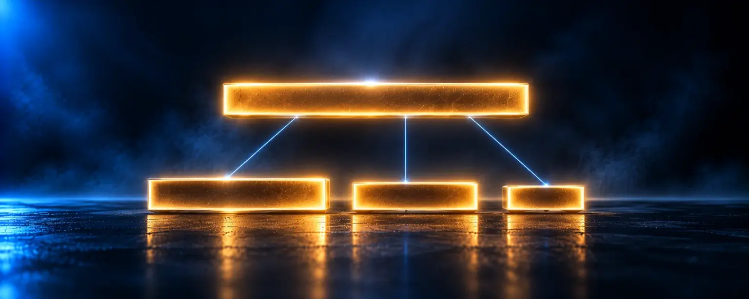 A single long glowing gold bar above three shorter bars of decreasing length connected by blue lines
