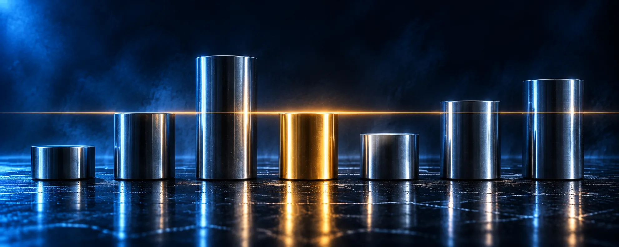 Row of steel cylinders of different heights with one gold cylinder marking the reference line