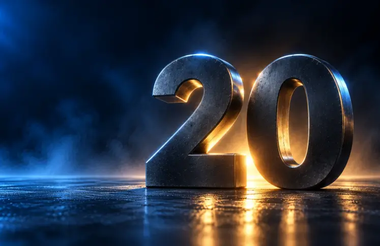 Two sculpted metal numerals forming the number twenty on a wet floor with gold light behind them