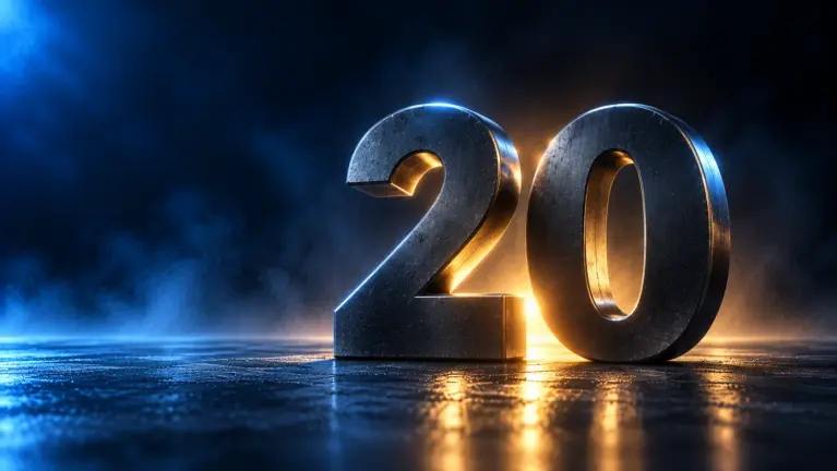 Two sculpted metal numerals forming the number twenty on a wet floor with gold light behind them