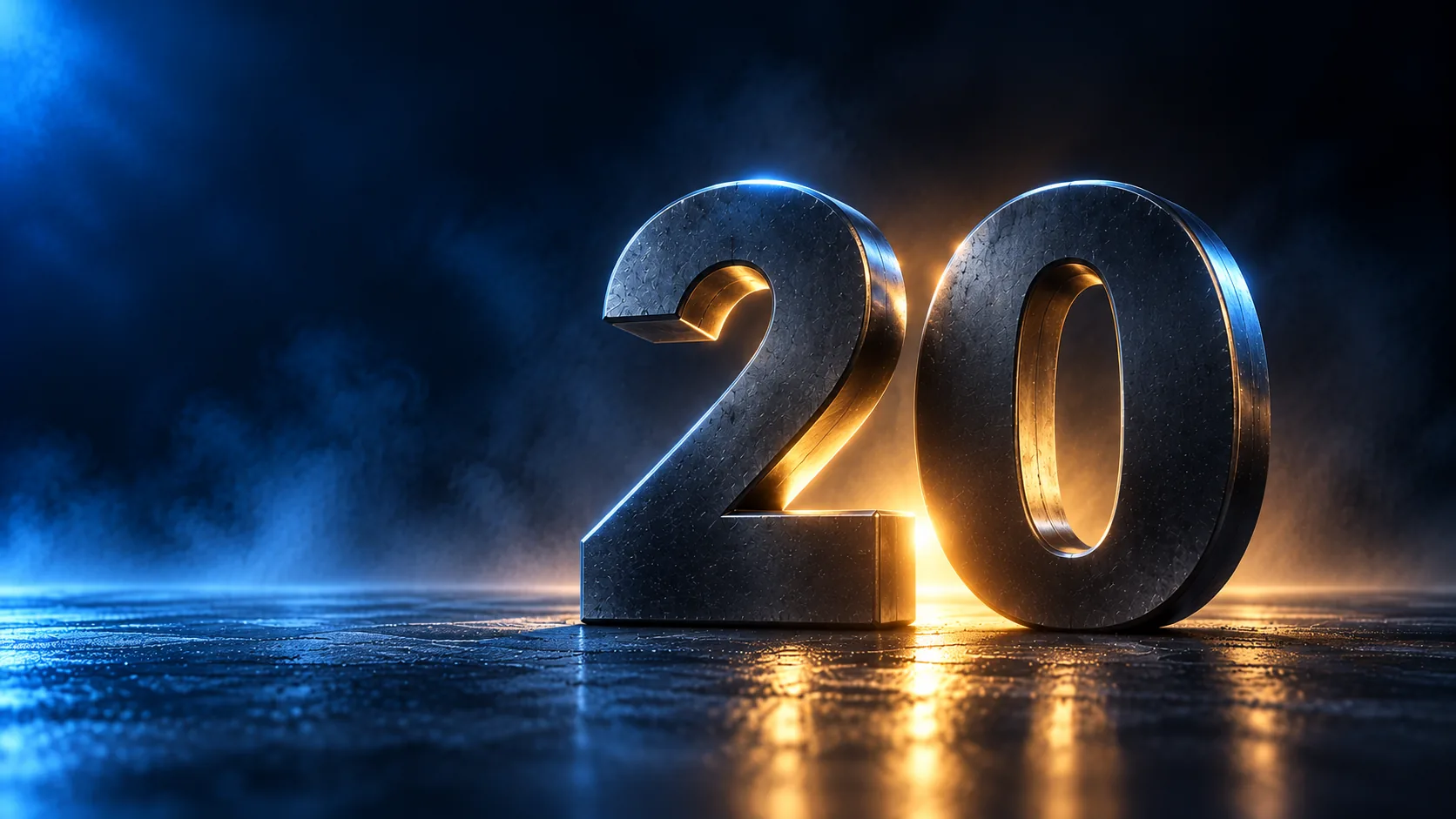 Two sculpted metal numerals forming the number twenty on a wet floor with gold light behind them