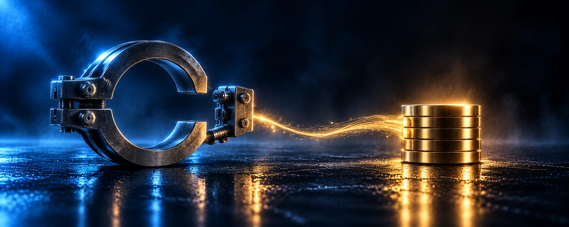Open steel clamp ring on the left with a free stack of blank gold discs glowing on the right