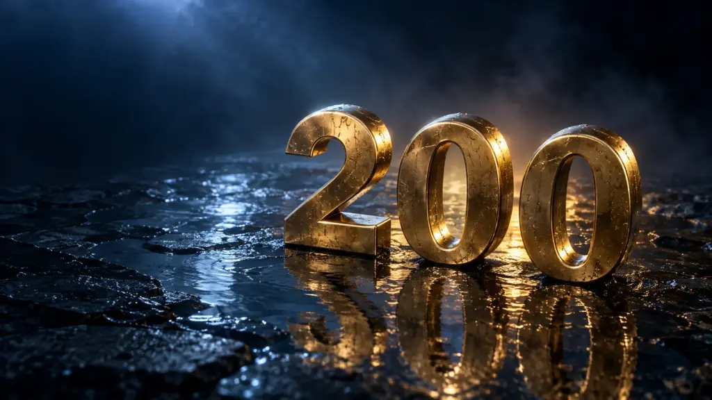 Three sculpted gold numerals forming the number two hundred standing in shallow water on dark stone