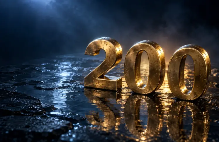 Three sculpted gold numerals forming the number two hundred standing in shallow water on dark stone