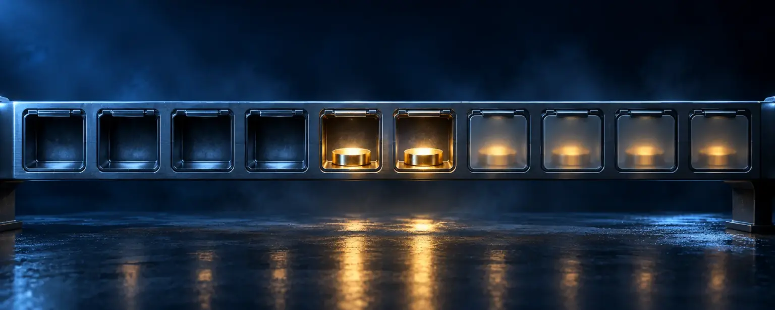 A steel rail of ten compartments, some empty, two holding a glowing gold token and the rest still sealed