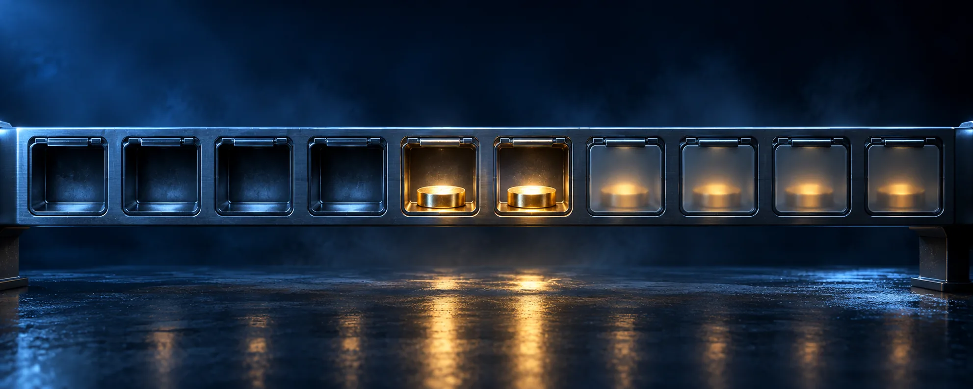 A steel rail of ten compartments, some empty, two holding a glowing gold token and the rest still sealed