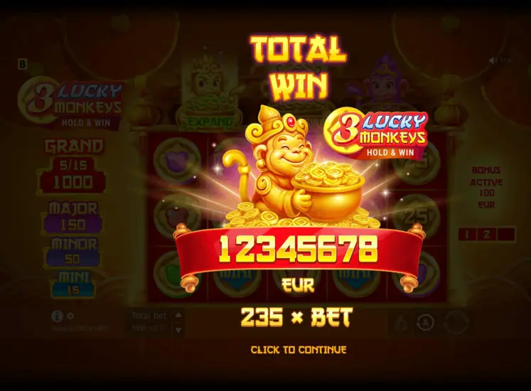 3 Lucky Monkeys Hold & Win Total Win