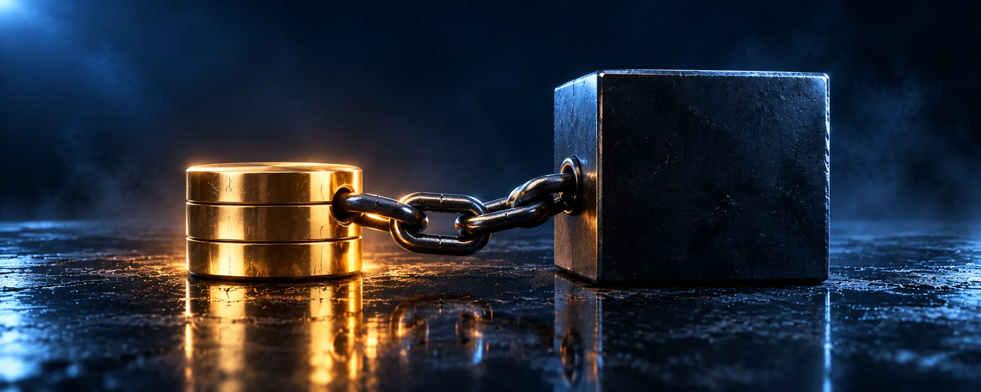 A stack of gold discs joined by a heavy steel chain to a large dark block that cannot be separated