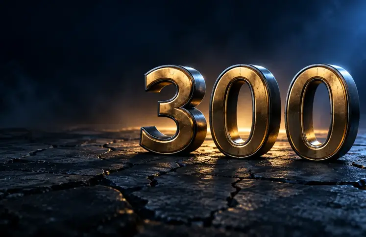 Three sculpted metal numerals forming the number three hundred on cracked dark stone with gold light behind