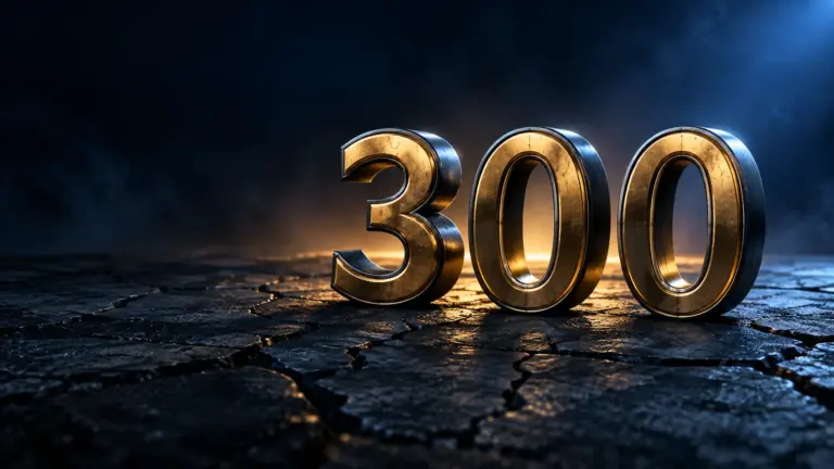 Three sculpted metal numerals forming the number three hundred on cracked dark stone with gold light behind