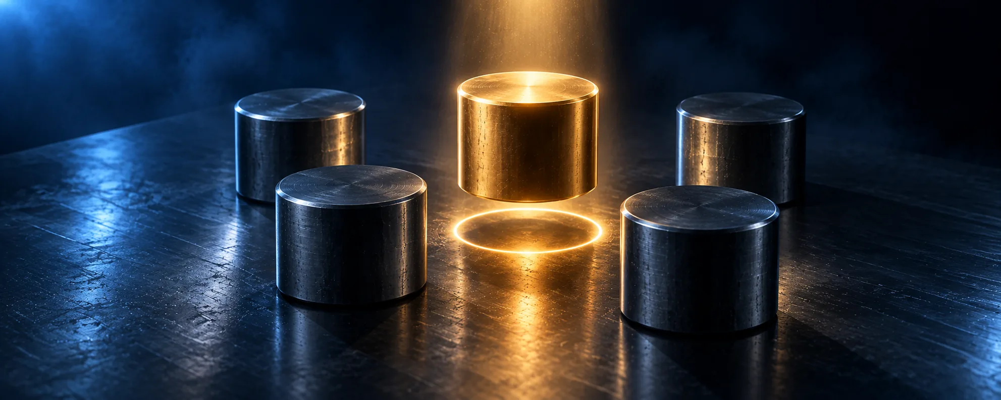 Five identical metal drums with one lifted into a beam of gold light while the other four sit unlit