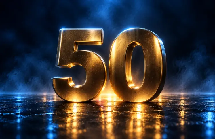 Two sculpted brass numerals forming the number fifty on wet stone with gold light beneath