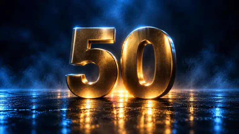 Two sculpted brass numerals forming the number fifty on wet stone with gold light beneath