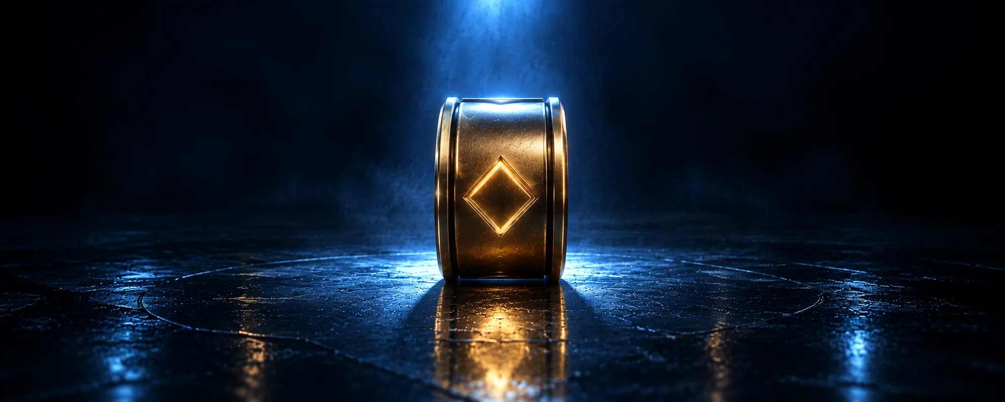 A single brass reel drum alone in a narrow blue spotlight with darkness all around it