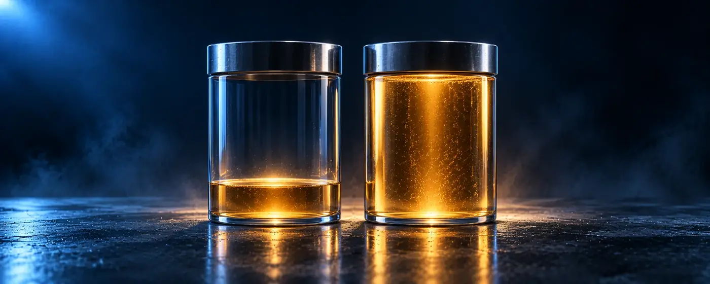 Two sealed glass cylinders with lids at the same height, one barely filled with gold liquid and one full to the top