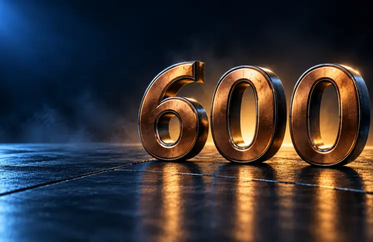 Three sculpted copper numerals forming the number six hundred on dark brushed metal with gold light behind