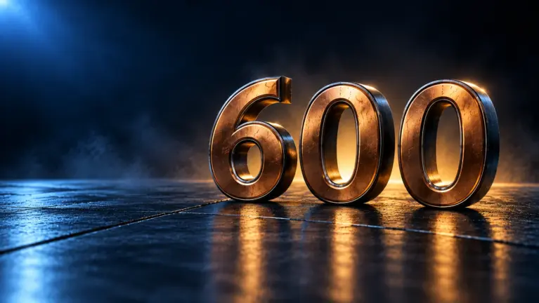 Three sculpted copper numerals forming the number six hundred on dark brushed metal with gold light behind