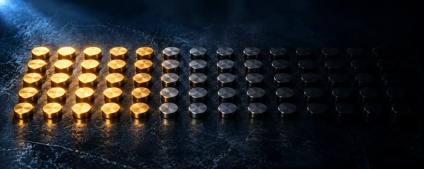 A grid of small gold tokens fading row by row into grey and then into darkness