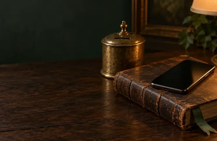 Aktia casinos header: antique brass money box and an old ledger with a smartphone on dark oak