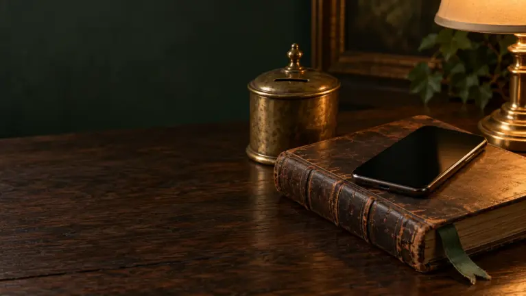 Aktia casinos header: antique brass money box and an old ledger with a smartphone on dark oak