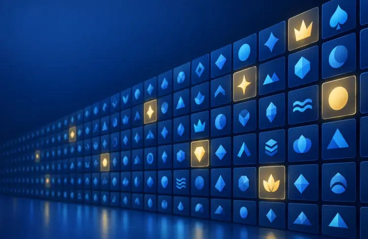 Wall of blue casino brand tiles arranged in alphabetical rows, a few highlighted in gold