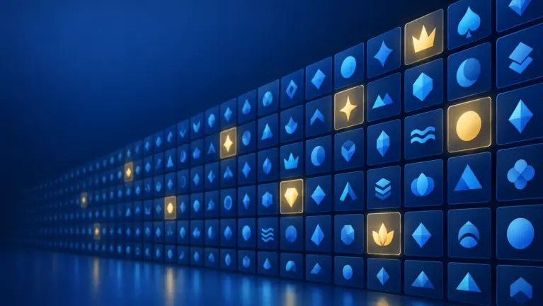 Wall of blue casino brand tiles arranged in alphabetical rows, a few highlighted in gold