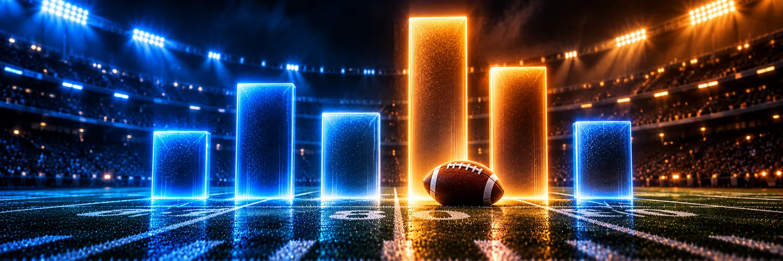 Glowing bars of different heights above a football field showing the most common winning margins