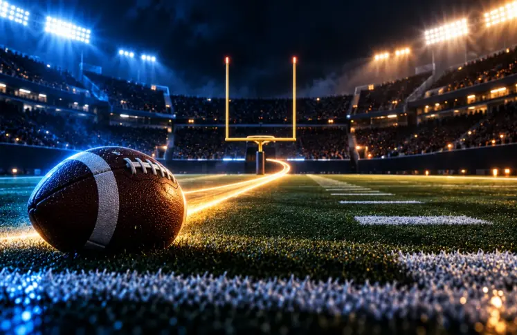 An American football on the turf with a glowing trail towards the posts in a floodlit stadium