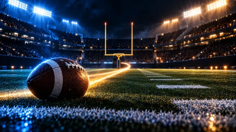 An American football on the turf with a glowing trail towards the posts in a floodlit stadium