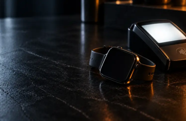 A smartwatch with a blank face next to a contactless card terminal on a dark stone counter, lit in cool white and warm amber