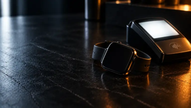 A smartwatch with a blank face next to a contactless card terminal on a dark stone counter, lit in cool white and warm amber