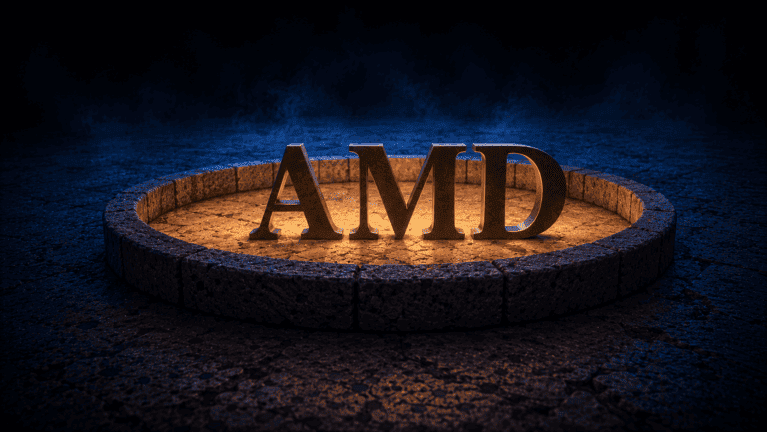 Sculpted bronze letters spelling AMD inside a low circular stone enclosure with no gap, amber light filling the ring and blue beyond it