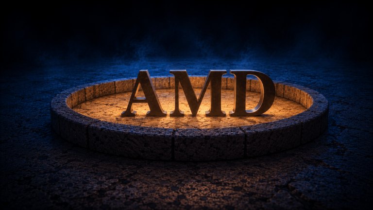 Sculpted bronze letters spelling AMD inside a low circular stone enclosure with no gap, amber light filling the ring and blue beyond it