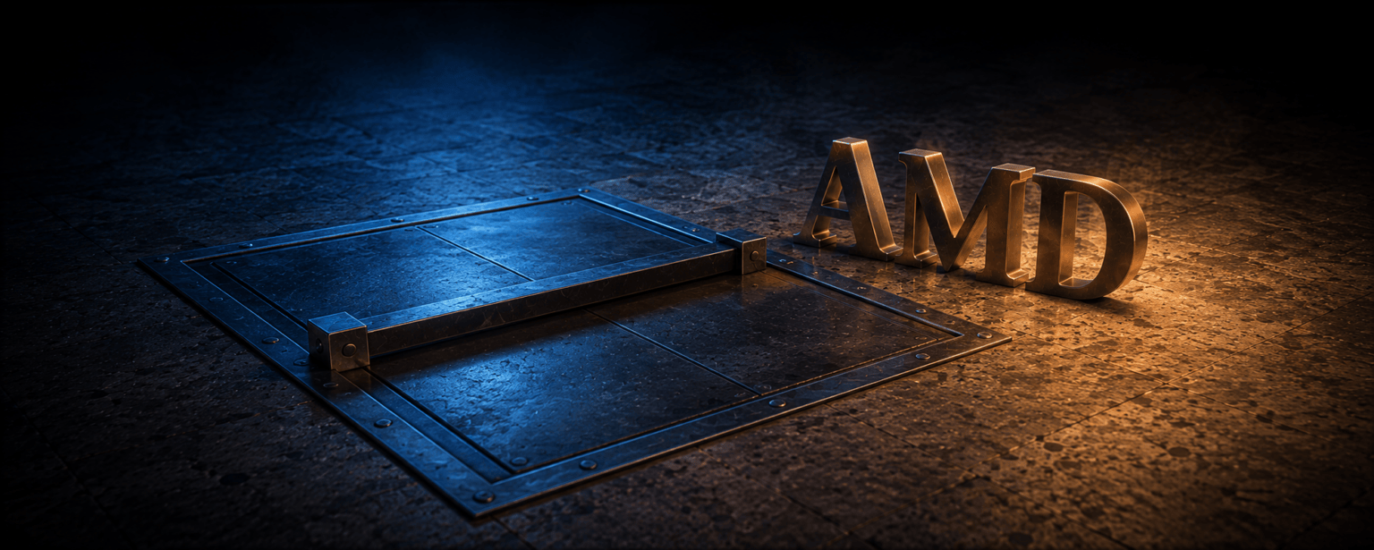 A heavy steel door lying flush in concrete, barred shut with no handle or keyhole, the AMD letterforms standing beside it in amber light