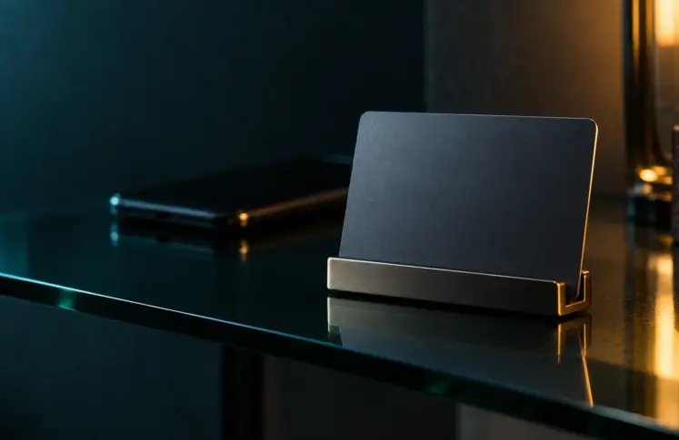 A blank matte prepaid card standing in a slim metal holder on a dark glass shelf, a smartphone blurred behind it in teal light